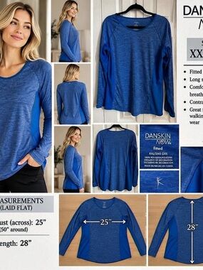 Danskin Now Long Sleeve Fitted Athletic Top with Contrast Panels Blue XXL #198